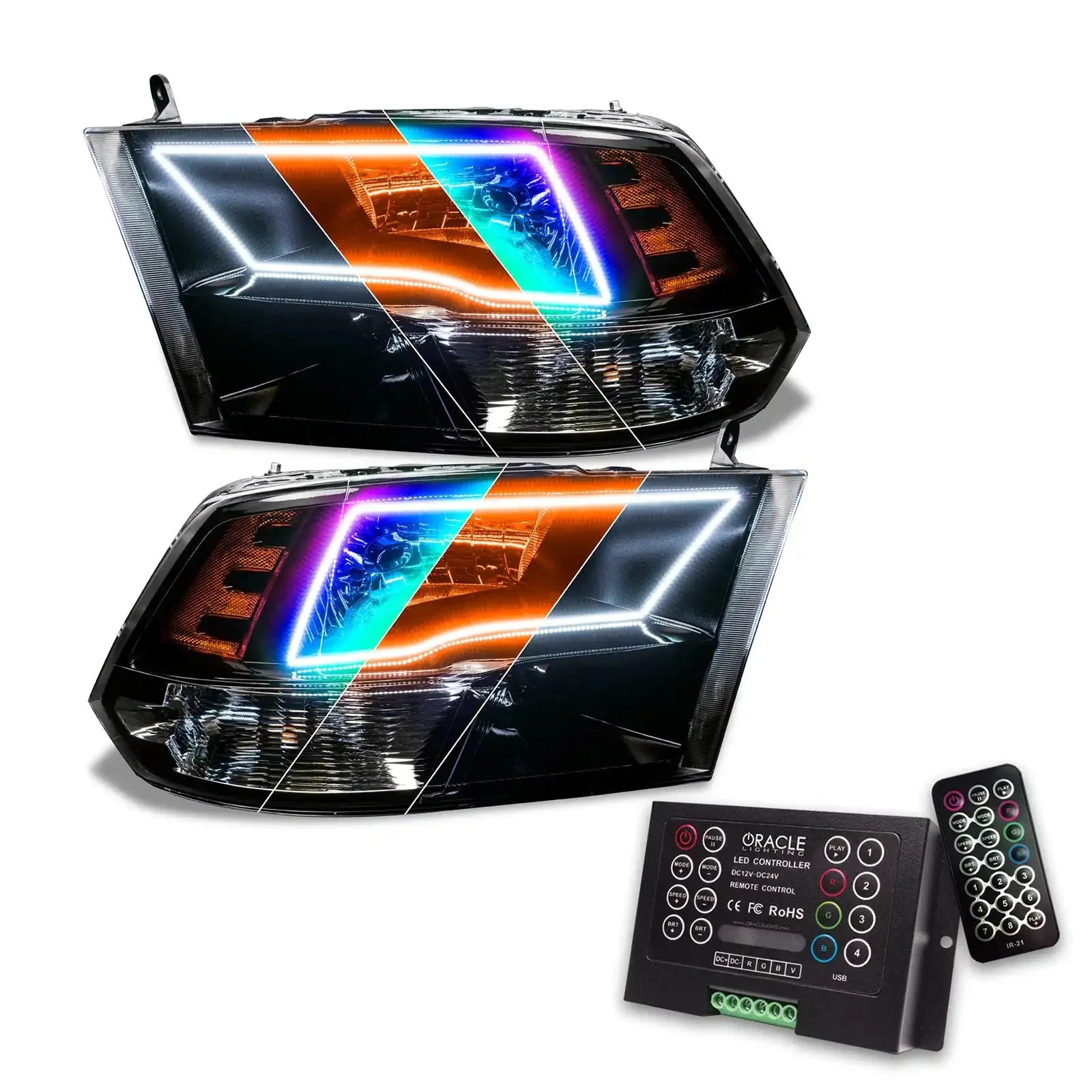 ORACLE Lighting 2009-2018 RAM ColorSHIFT Switchback Quad Pre-Assembled Halo Headlights - Black Housing - Image 5